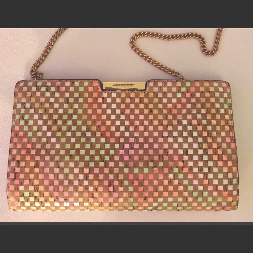 Milly Iridescent Pink Gold Woven Clutch with Chain